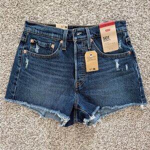 Levi's Dark Blue Distressed High-Rise Denim Shorts